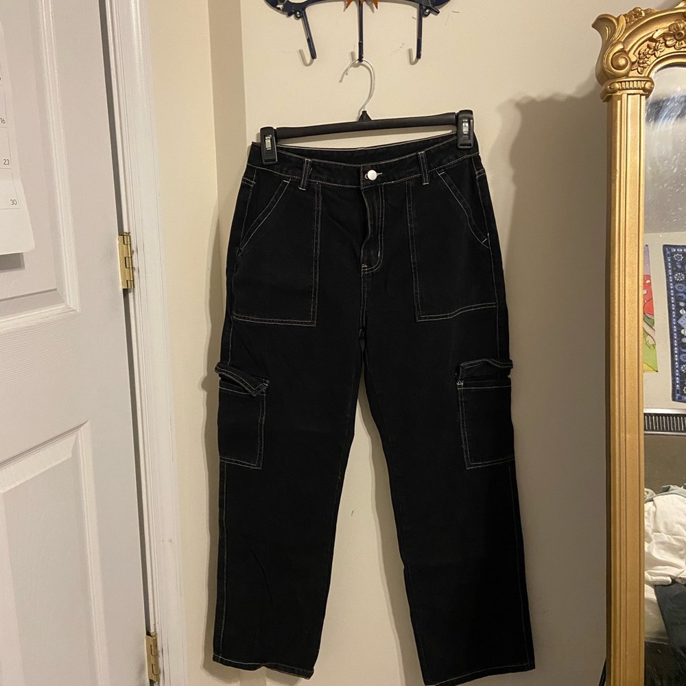 Black cargo utility mom jeans